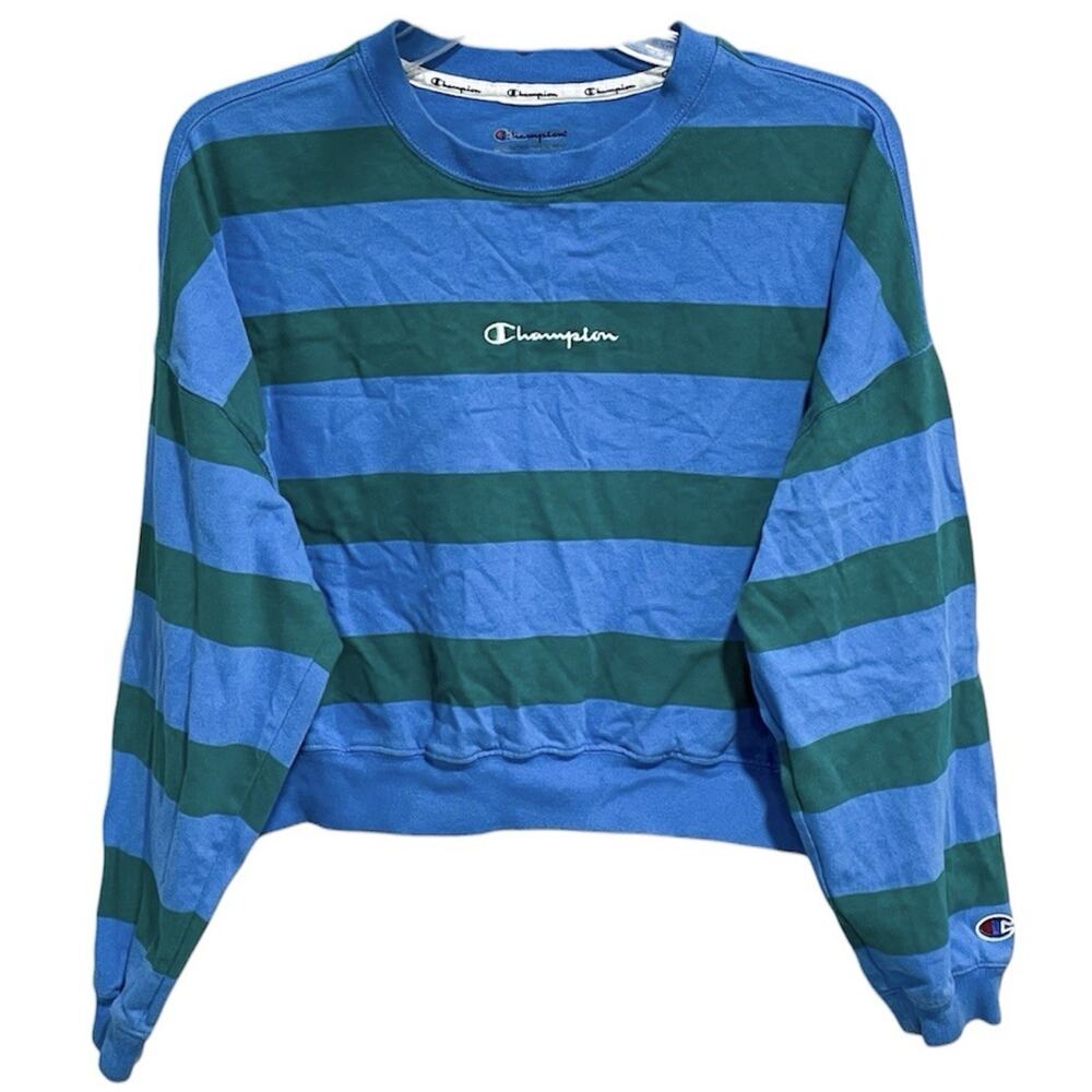 Champion Womens Striped Long Sleeve Oversized Crop Top Small Blue Green Boxy
